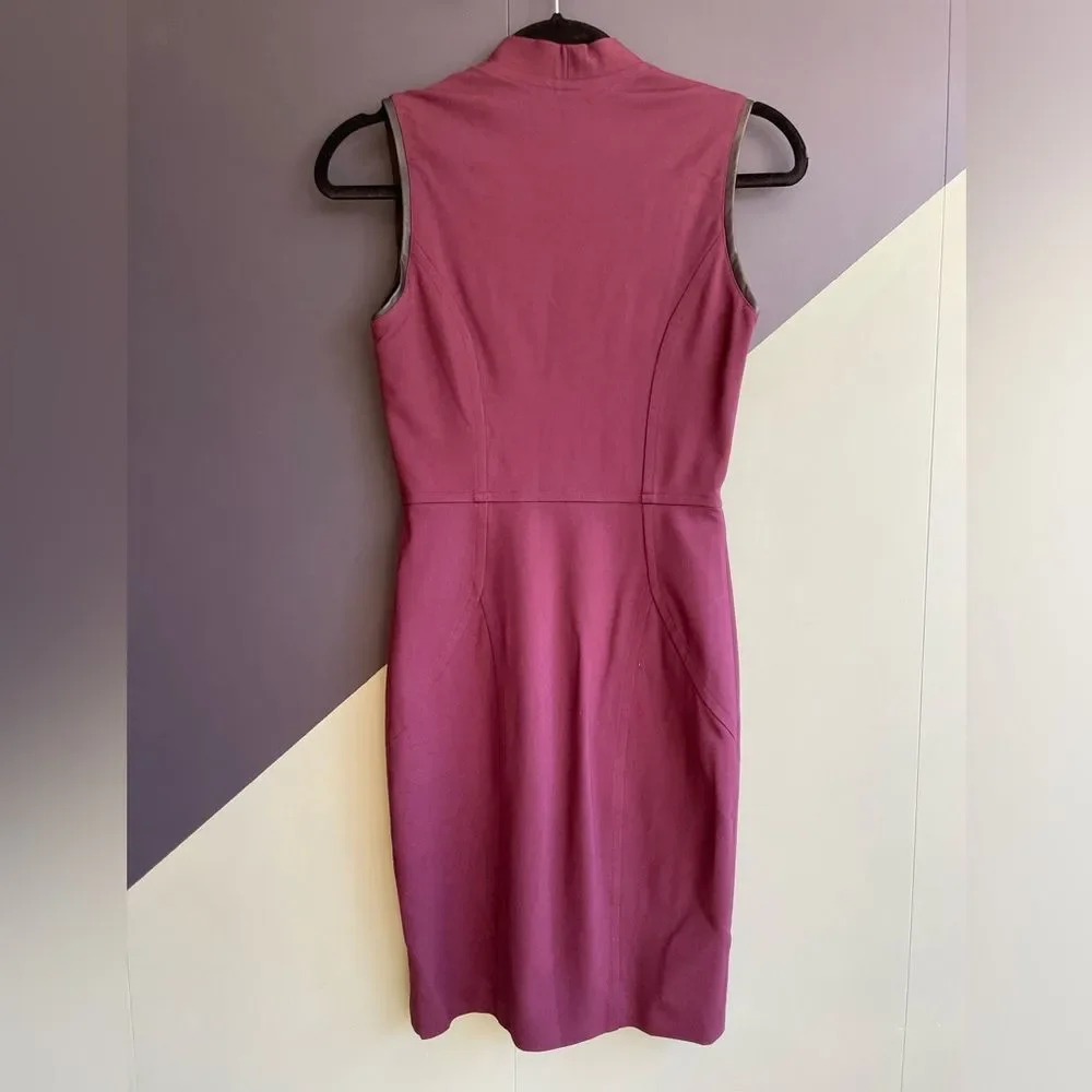 Yigal Azrouël $950 Burgundy Jersey Front Zip Dress w/ Leather Accents, Sz 4, EUC